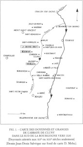 carte des Doyennés et granges de l'abbaye de Cluny vers 1320 (J-D Salveque, D Mehu)